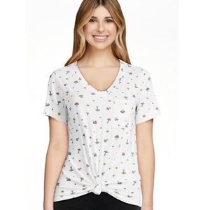 Nobo Tee mushrooms t-shirt women’s v neck xsmall short sleeve front knot White